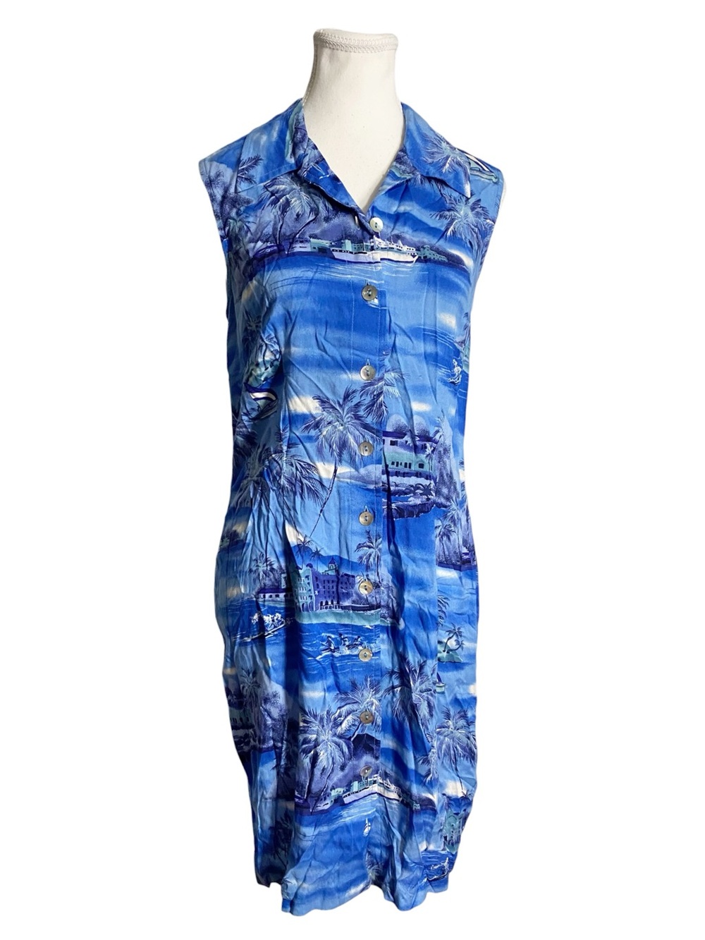 Expressions Vintage Blue Coastal Scenic Rayon Midi Shirt Dress Size 6